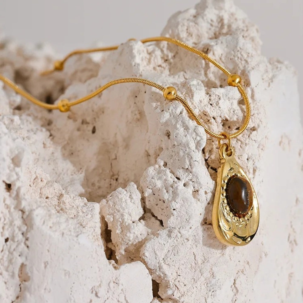 Vintage Gold Tiger Stone Pendant Necklace-Lydieannejewelry