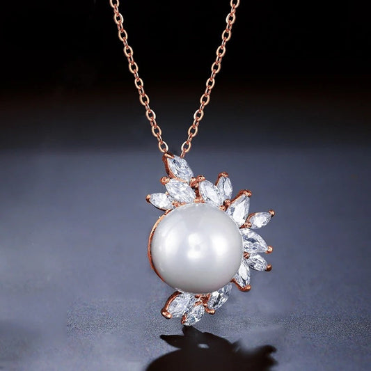 Rose Gold Pearl & Crystal Leaf Necklace
